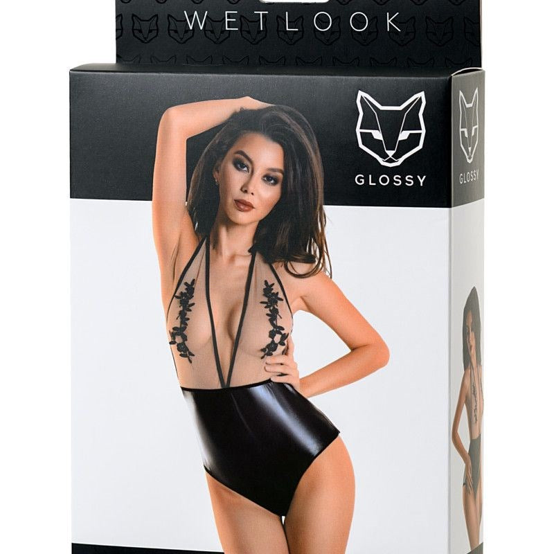 Glossy Wetlook Bodysuit Kiara Sheer Mesh Halter Open Back Design - - Her Fetish