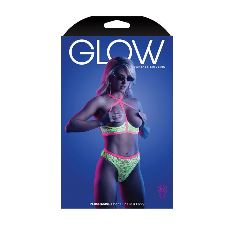 Fantasy Lingerie Glow Persuasive Open Cup Bra & Panty UV Reactive Set - - Bras and Bra Sets