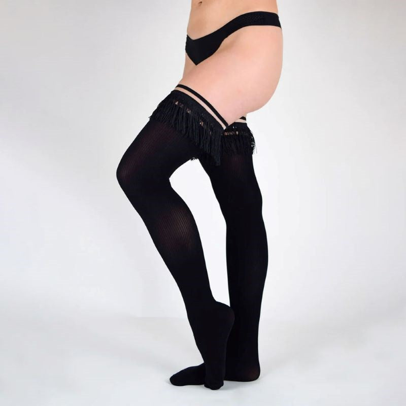 Kixies Keila Fringe Sheer Thigh Highs with 4 Band Silicone Grip Technology - - Hosiery