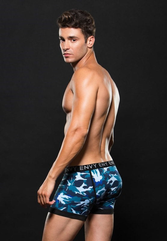 Envy Menswear Logo Elastic Boxer Brief Blue Camo Premium Comfort Fit - - Jocks and G-Strings