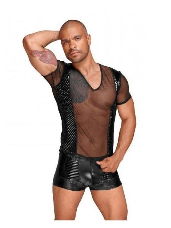 Noir Handmade Tulle Men Shirt With Decorative PVC Pleats Black Fetish Wear - - Mens Briefs And Boxers