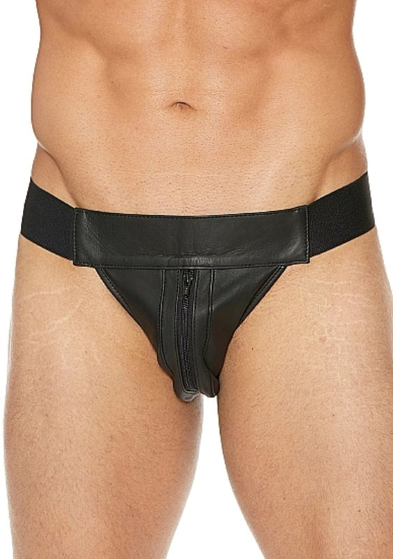 Shots Toys Uomo Striped Front With Zip Leather Jock Black Premium Leather - - His Fetish