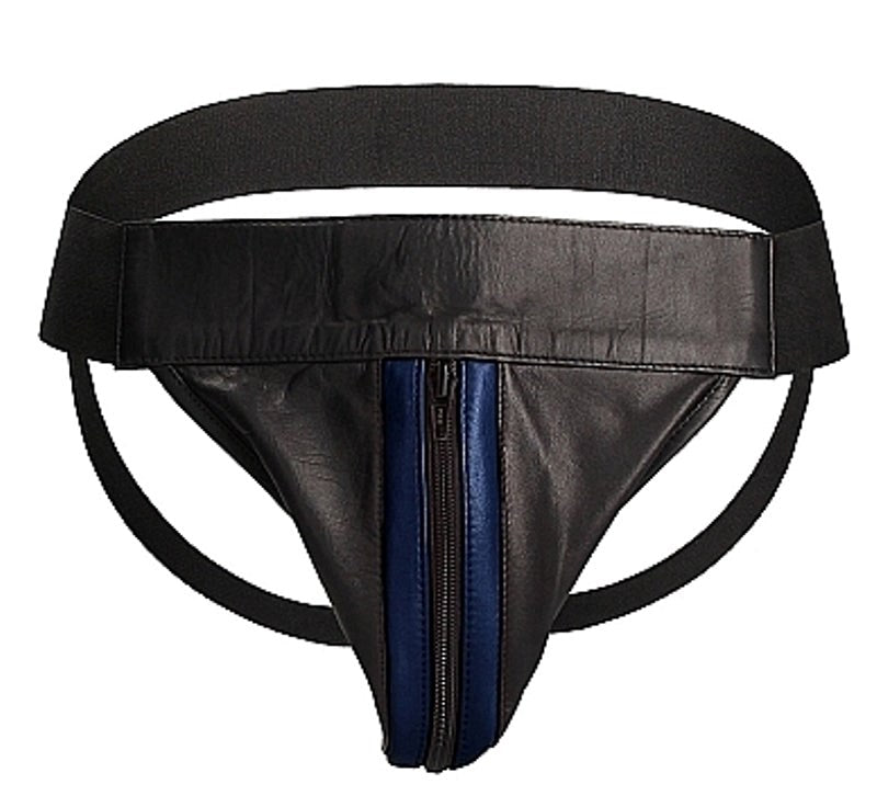 Shots Toys Uomo Striped Front With Zip Leather Jock Black/Blue Premium Leather - - His Fetish