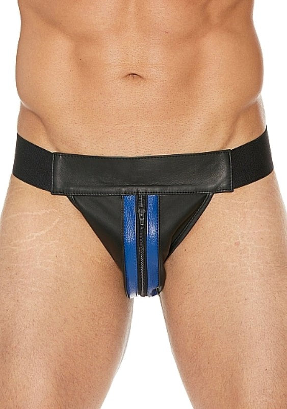 Shots Toys Uomo Striped Front With Zip Leather Jock Black/Blue Premium Leather - - His Fetish