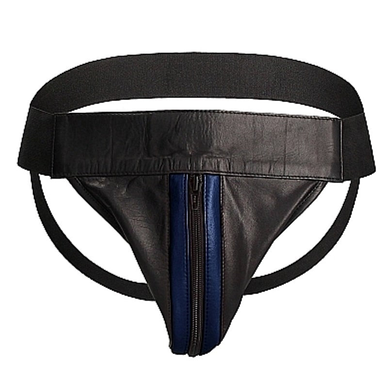 Shots Toys Uomo Striped Front With Zip Leather Jock Black/Blue Premium Leather - - His Fetish