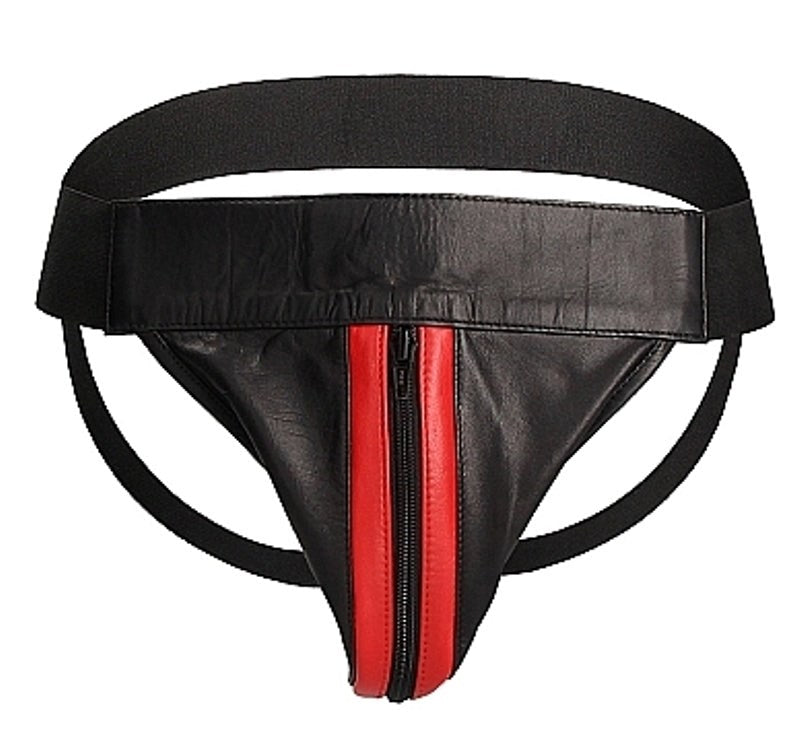 Shots Toys Uomo Striped Front With Zip Leather Jock Black/Red Premium Leather - - His Fetish