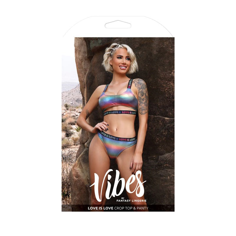 Fantasy Lingerie Vibes Love Is Love Crop Top & Panty Holographic Rainbow Set - - Bras and Bra Sets