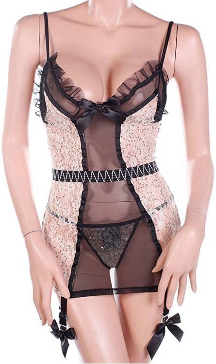 Leg Avenue Vintage Lingerie Set Sheer Black Chemise with Sequins - - Bras and Bra Sets