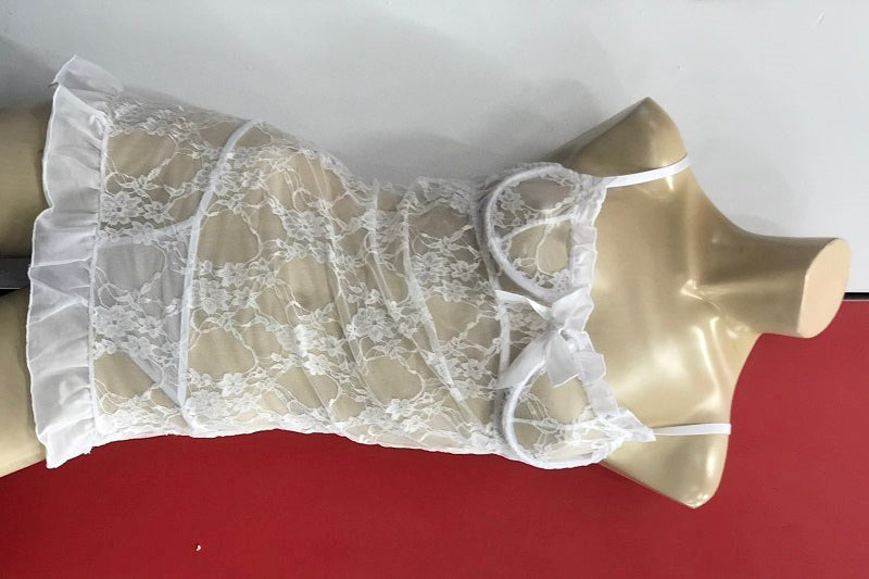 Ella Bidoe White Bow Babydoll with G String Romantic Lingerie Set - - Babydolls and Chemises