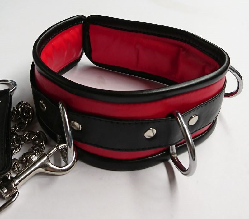 Luxurious BDSM Accessory - Black and Red Collar with Lead - - Collars and Leads