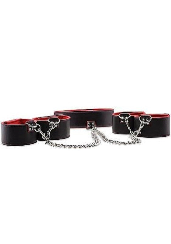 Shots Toys Ouch Reversible Collar Wrist Ankle Cuffs Red Dual Material - - Cuffs and Restraints