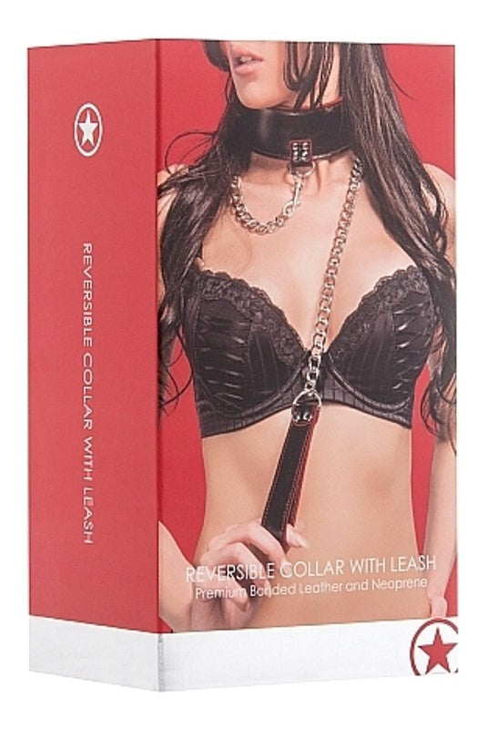 Shots Toys Ouch Reversible Collar with Leash Red BDSM Power Exchange - - Collars and Leads