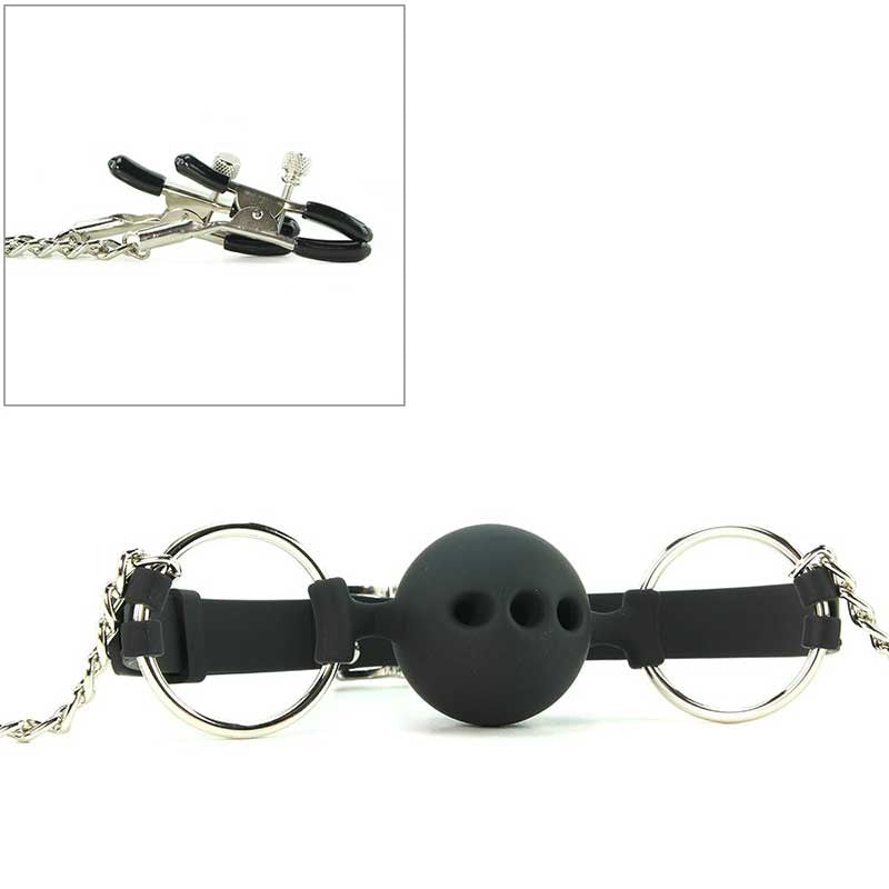 XR Brands Hinder Breathable Silicone Ball Gag With Nipple Clamps Restraint - - Bondage Gags and Bits