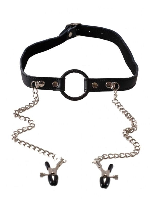 BDStyle O Ring Gag with Nipple Clamps Light Dual Bondage Restraint - Bondage Gags and Bits