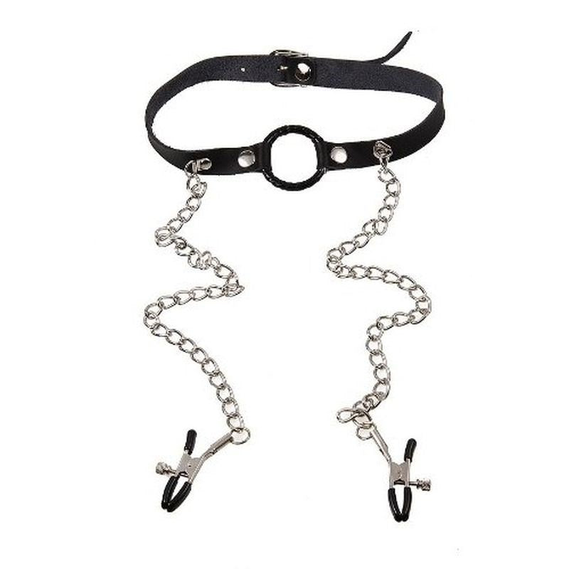 BDStyle O Ring Gag with Nipple Clamps Light Dual Bondage Restraint - Bondage Gags and Bits