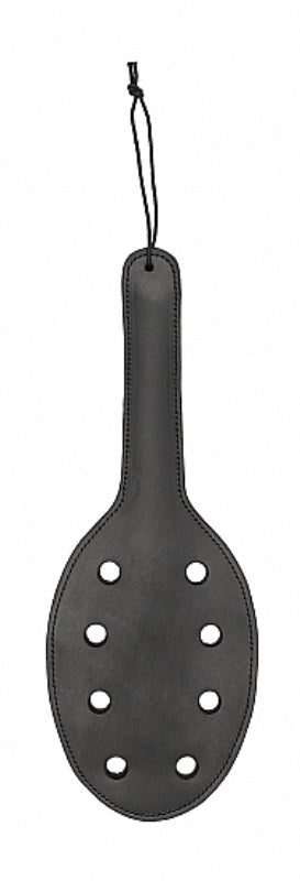 Shots Toys Pain Saddle Leather Paddle with 8 Holes Wrist Loop - - Paddles And Slappers