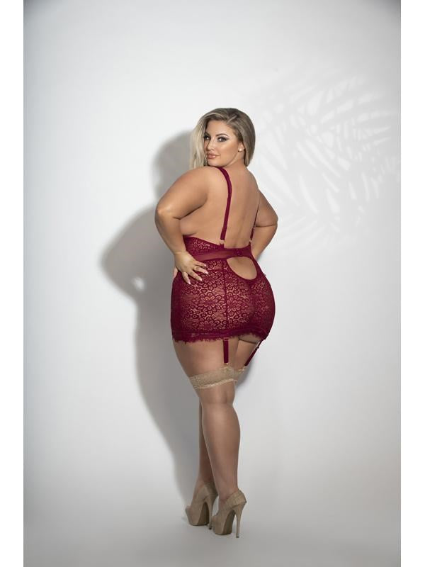 Seven Til Midnight Two Piece Eyelash and Floral Lace Chemise And G-String Set Wine - - Lubricants and Lotions