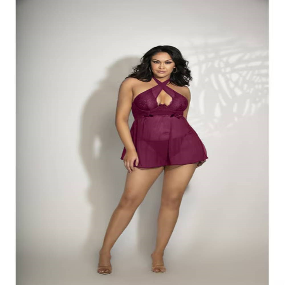 Seven til Midnight Lace Mesh Babydoll Panty Set 3X/4X Underwire Support - - Babydolls and Chemises