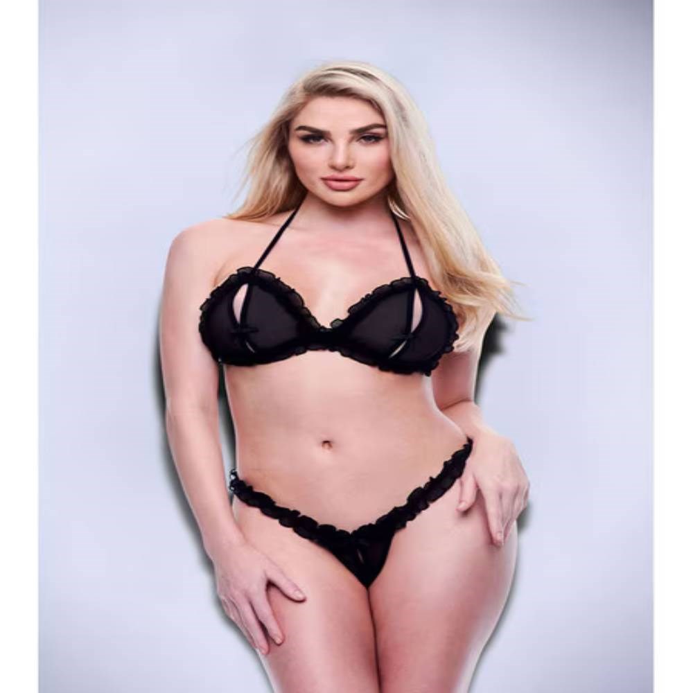 Baci Lingerie Peek A Boo Bra & Crotchless G String Set with Satin Bows - - Bras and Bra Sets