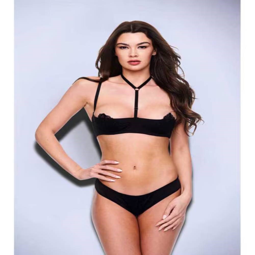 Baci Lingerie Quarter Cup Bra & G String Set Black with Halter Design - - Bras and Bra Sets