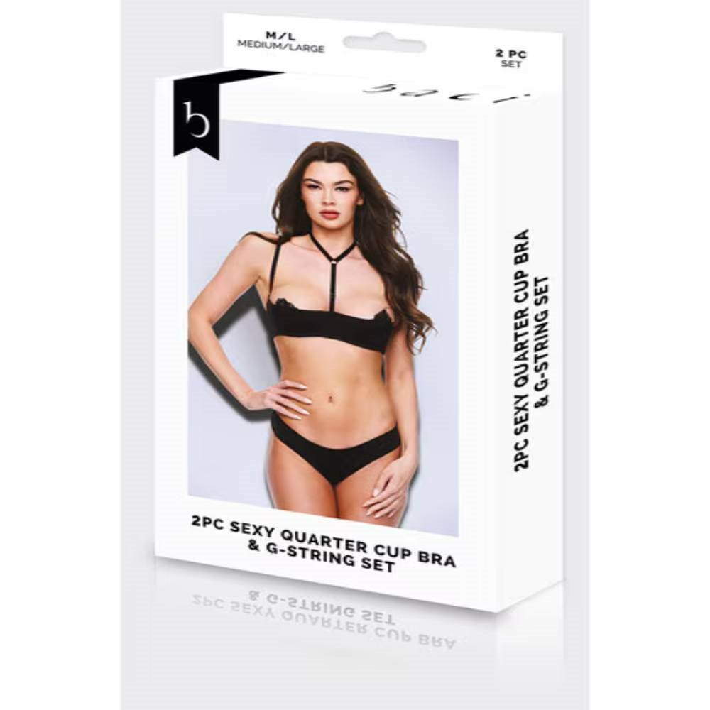 Baci Lingerie Quarter Cup Bra & G String Set Black with Halter Design - - Bras and Bra Sets