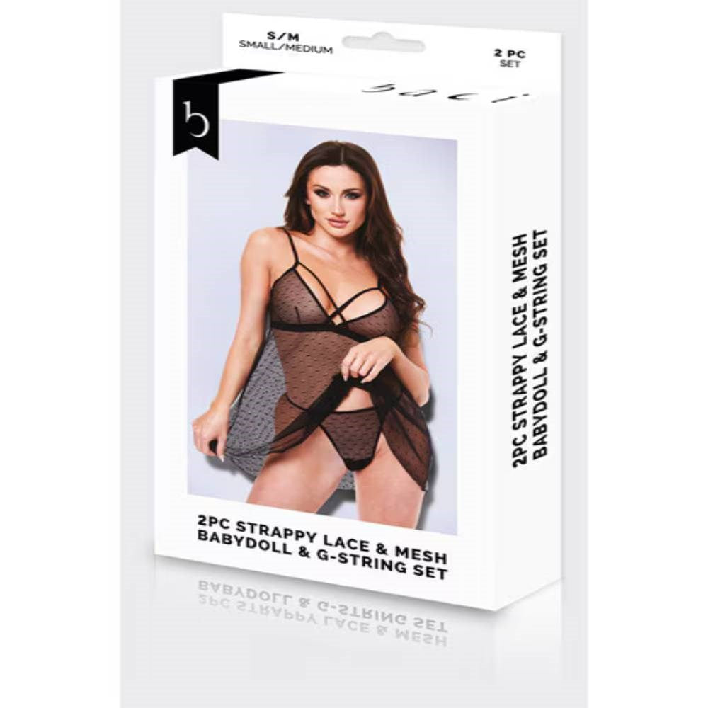 Baci Lingerie Strappy Lace & Mesh Babydoll & G String Set Seductive Design - - Babydolls and Chemises