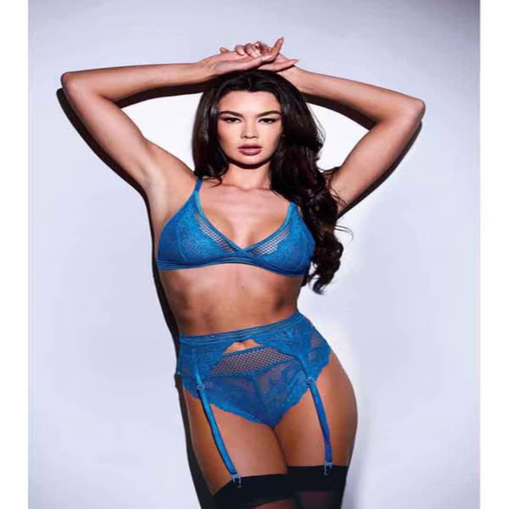 Baci Lingerie 3 Piece Lace & Mesh Bra Garter & Panty Set Blue - - Bras and Bra Sets
