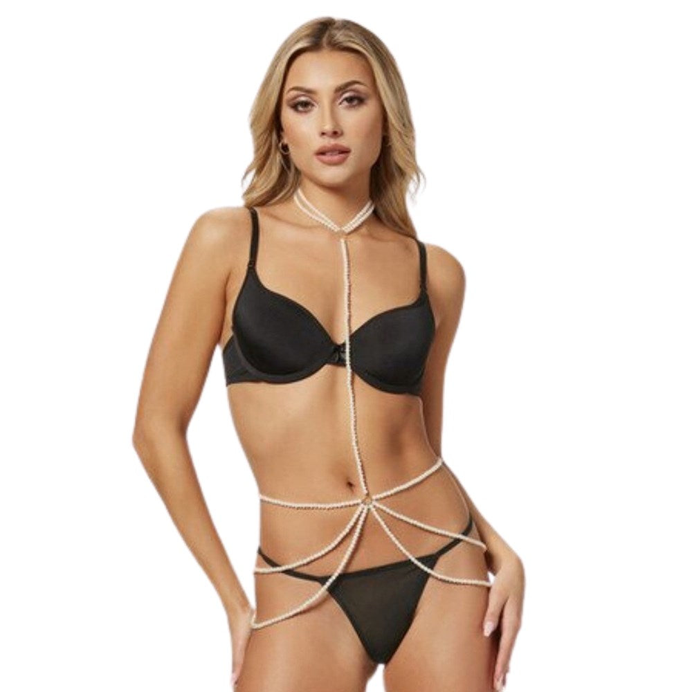 Seven til Midnight Pearl Chain Choker And Harness Pearl One Size - - Her Fetish