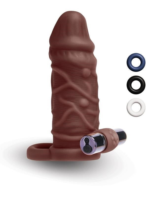Xgen Products Size Up 1 Inch Silicone Vibrating Penis Extender Dark Tan - - Penis Sleeves and Extenders