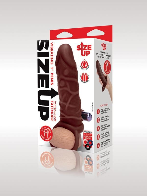 Xgen Products Size Up 1 Inch Silicone Vibrating Penis Extender Dark Tan - - Penis Sleeves and Extenders