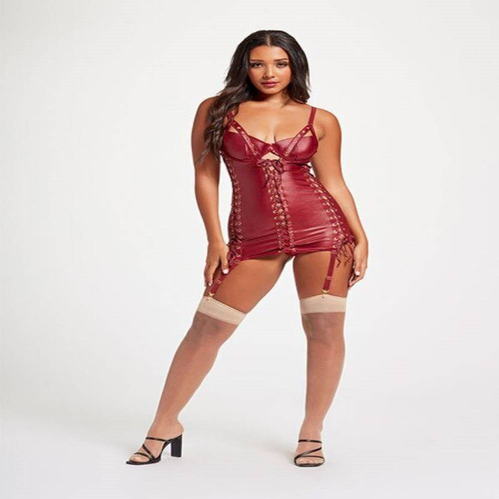 Seven til Midnight Midnight Love Vegan Leather Chemise Set Wine Lace Up - - Babydolls and Chemises