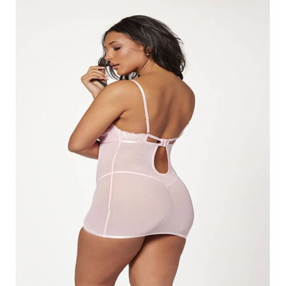 Seven til Midnight 2 Piece Slim Fit Chemise And Thong Panty Set Pink with Floral Embroidery - - Babydolls and Chemises