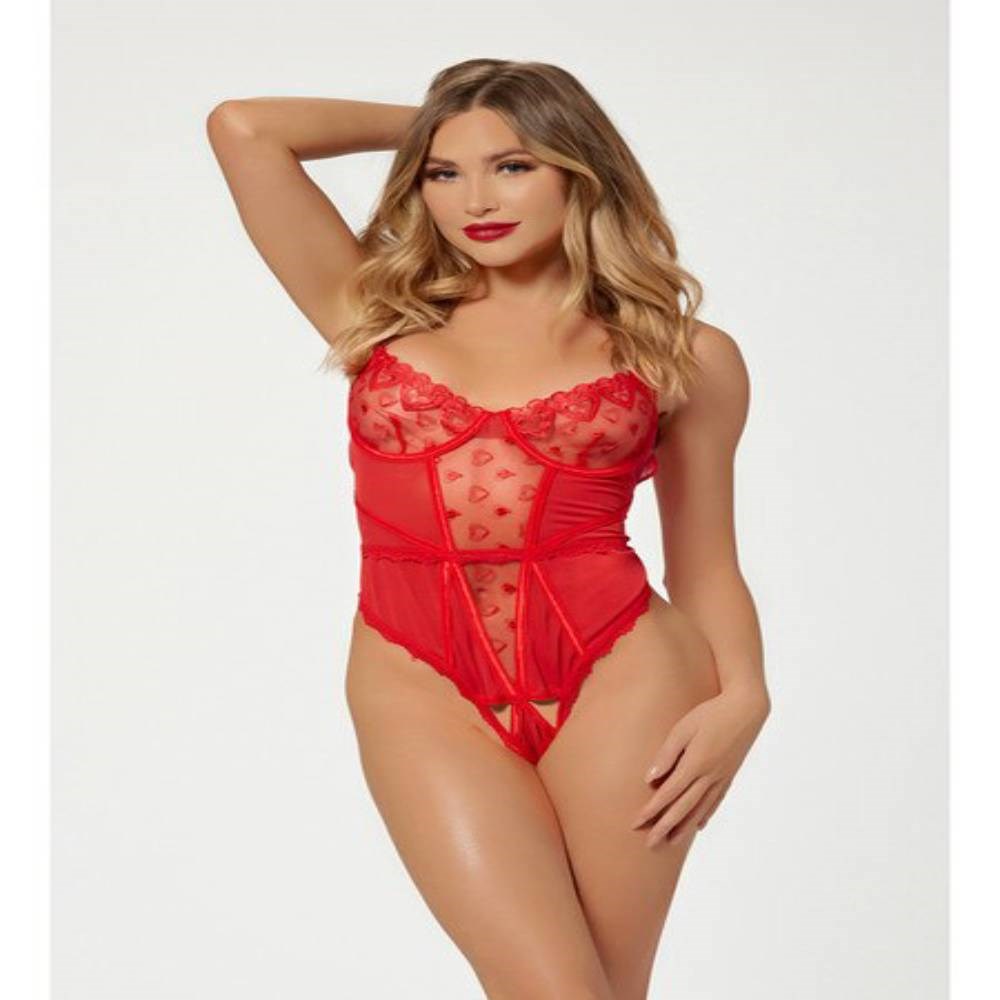 Seven til Midnight Heart Mesh Womens Teddy Red with Underwire Support - - Teddies and Bodysuits