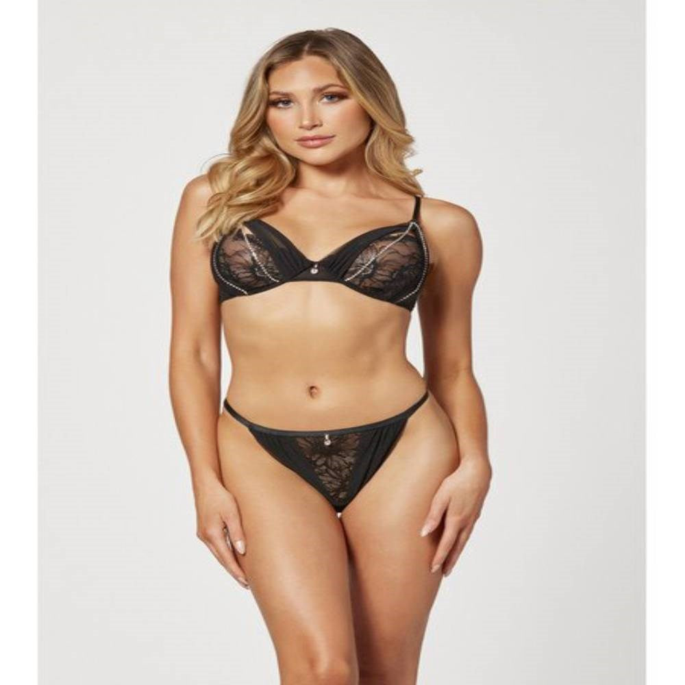 Seven til Midnight Black Mesh Rhinestone Bra and Panty Set Seductive - - Bras and Bra Sets