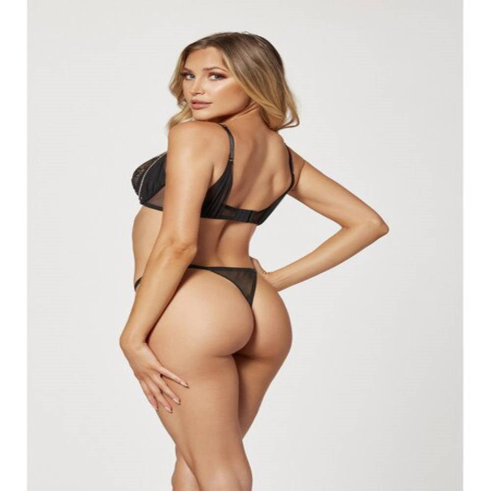 Seven til Midnight Black Mesh Rhinestone Bra and Panty Set Seductive - - Bras and Bra Sets