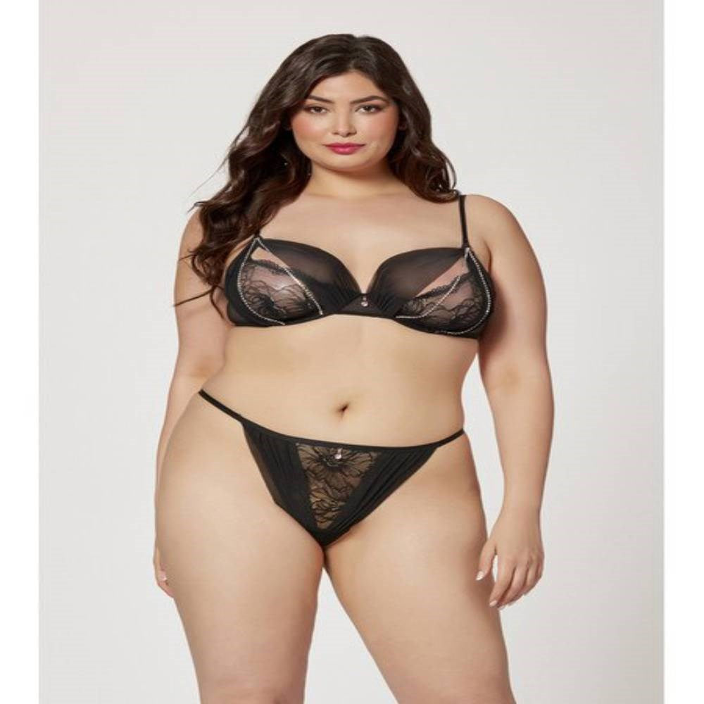 Seven til Midnight Black Mesh Rhinestone Bra and Panty Set Seductive - - Bras and Bra Sets