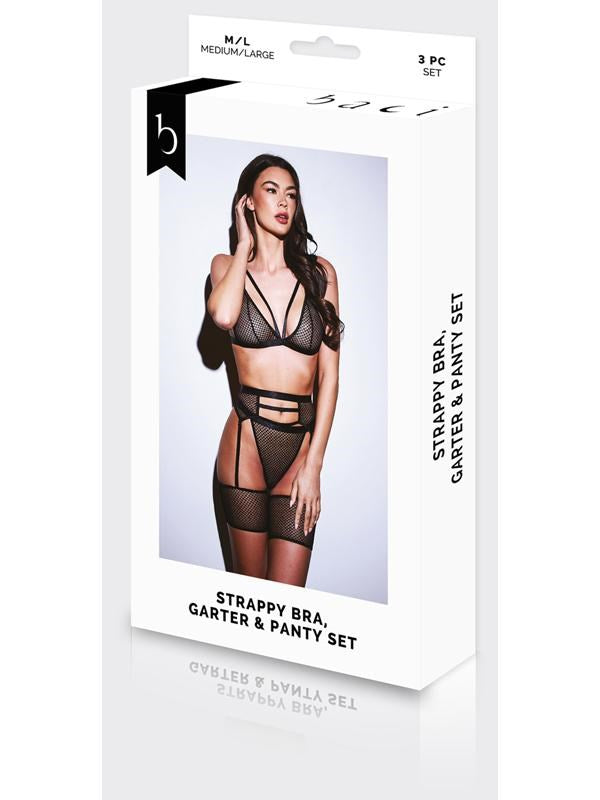 Baci Lingerie 3 Piece Strappy Bra Garter & Panty Set Queen Black Strappy - - Bras and Bra Sets