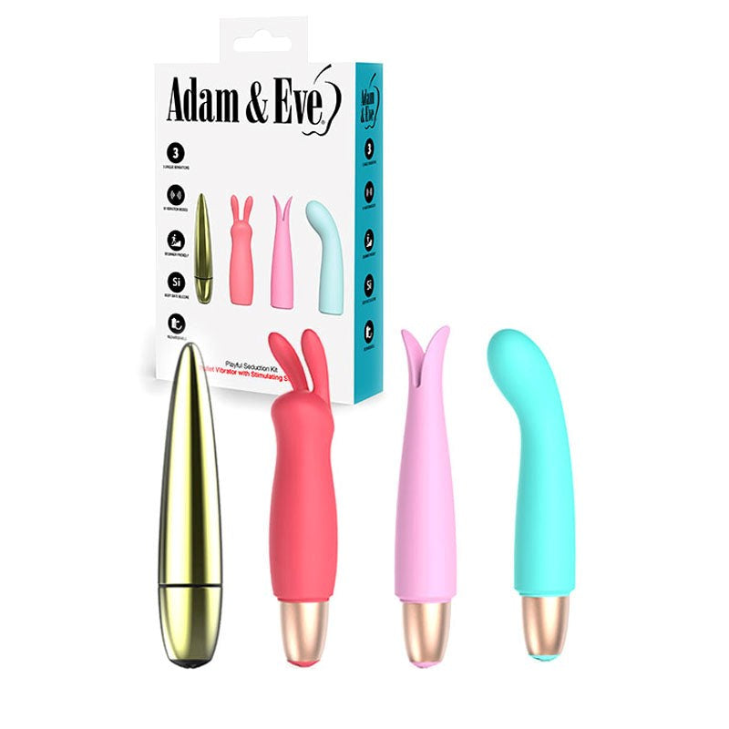 Adam & Eve Playful Seduction USB Rechargeable Vibrator Set with 3 Sleeves - - Sex Kits