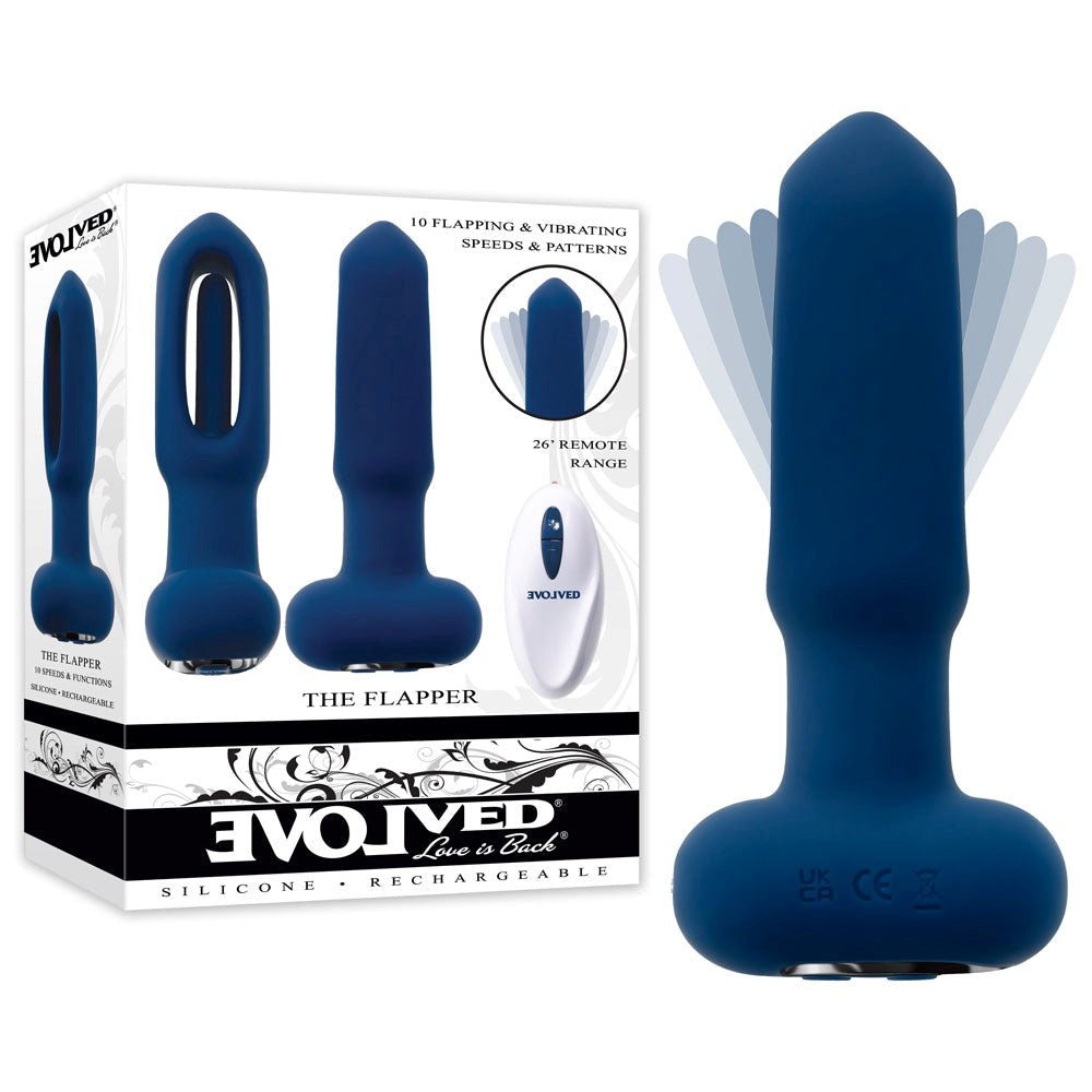 Evolved THE FLAPPER Vibrating and Flapping Butt Plug with Remote Blue Dual Action - - Butt Plugs