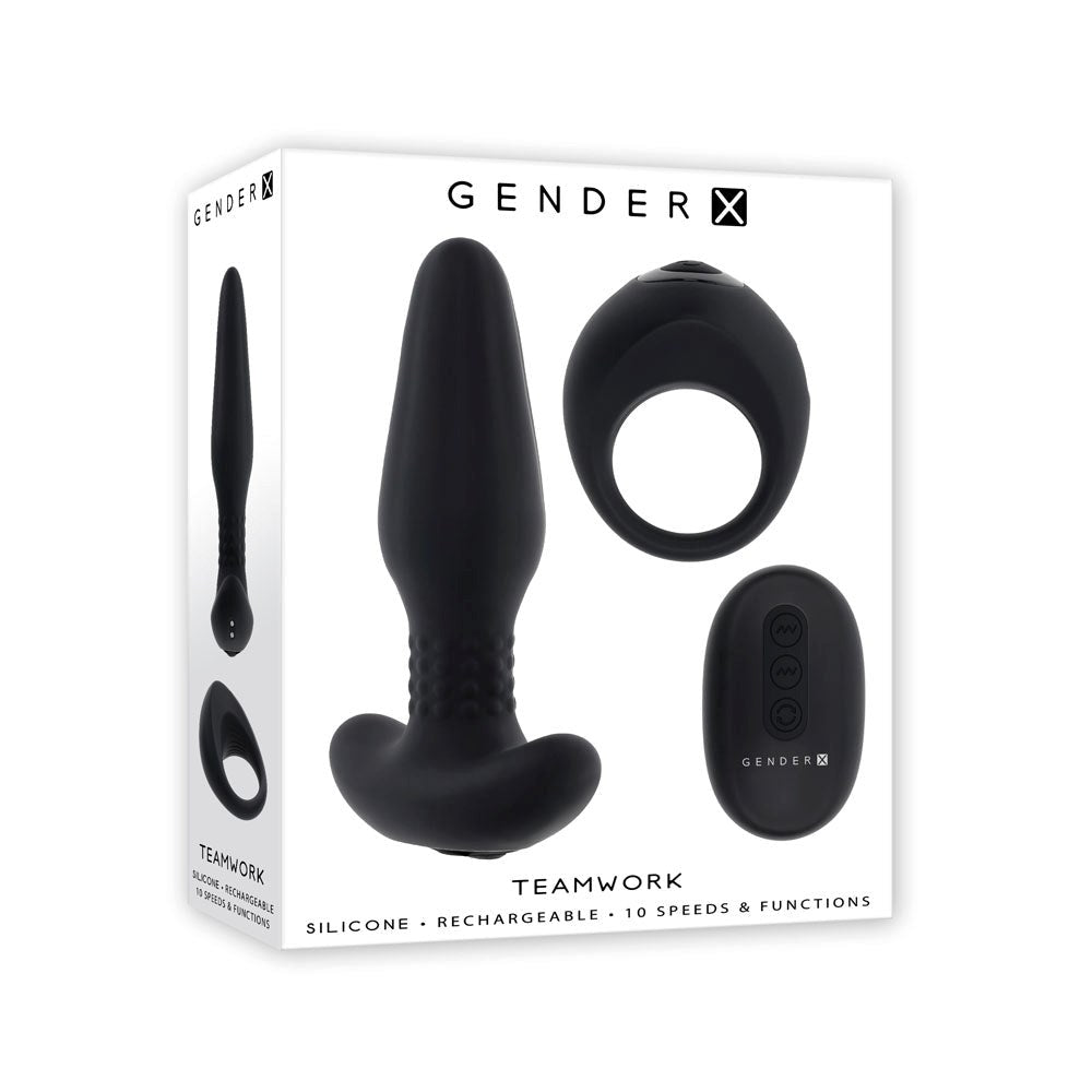 Evolved Gender X TEAMWORK Rimming Butt Plug & Vibrating Cock Ring Black Kit - - Vibrating Cock Rings