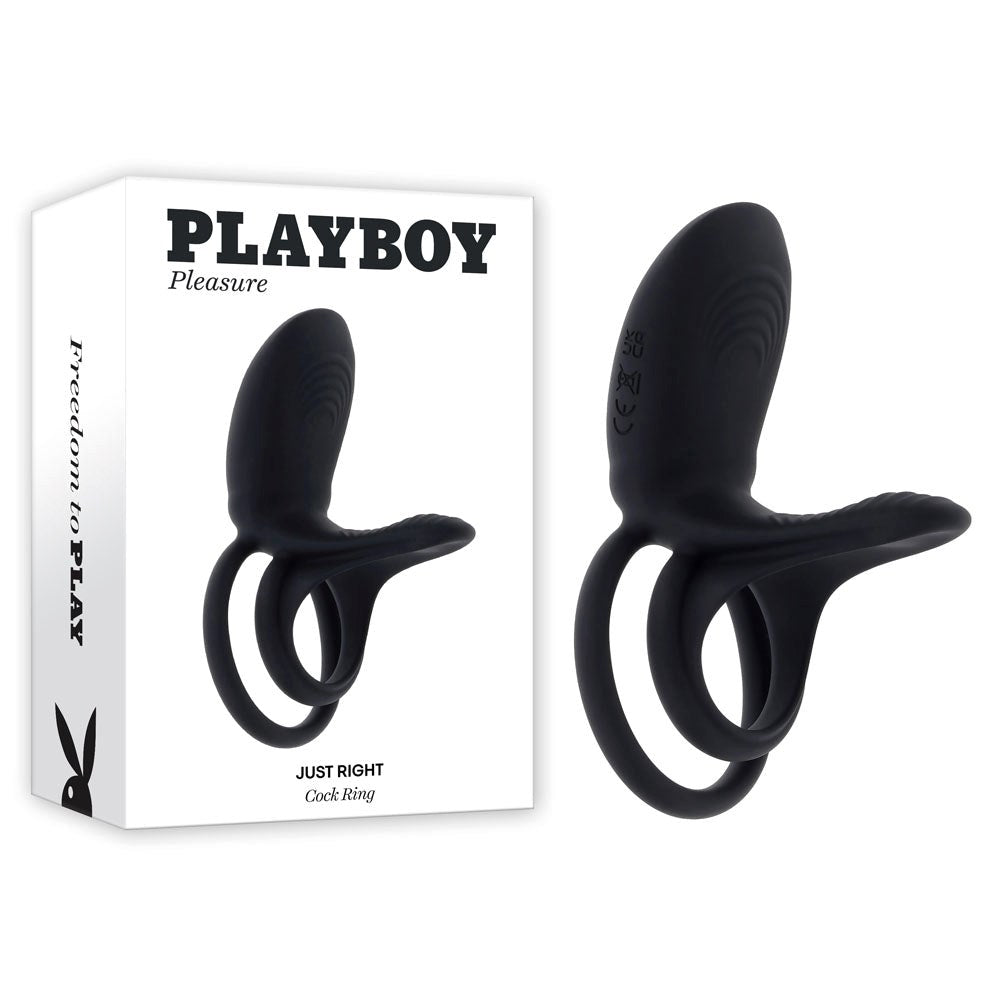 Evolved Playboy Pleasure JUST RIGHT Vibrating Cock Ring Black Dual Ring Design - - Vibrating Cock Rings