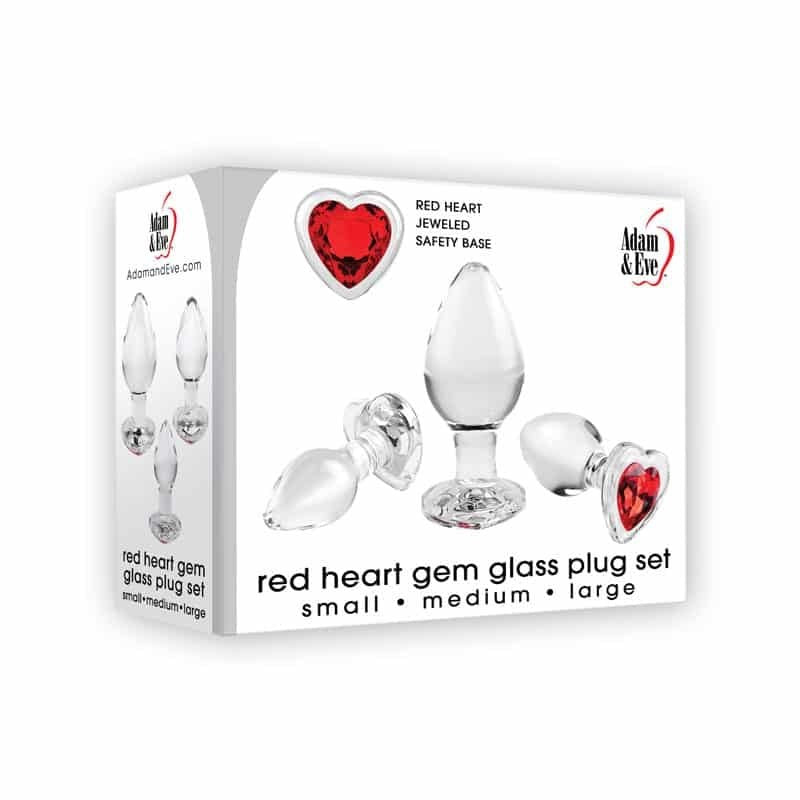 Adam & Eve Red Heart Gem Glass Butt Plug Set Clear 3 Sizes Progressive Anal Play - - Butt Plugs