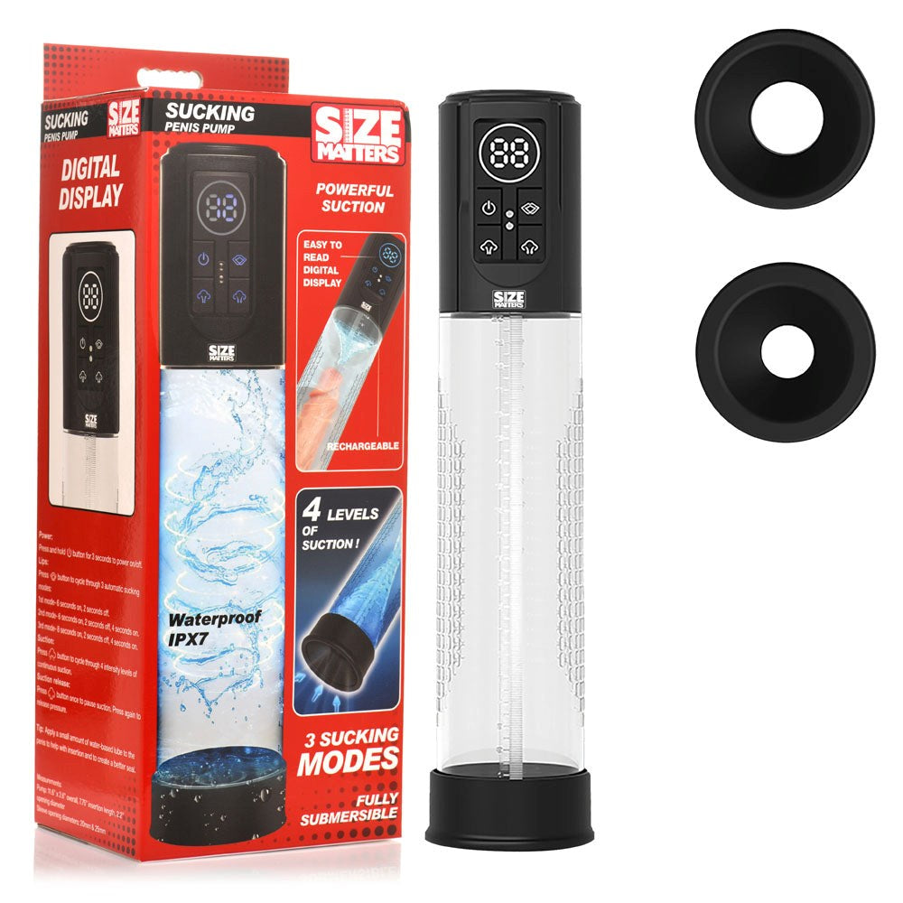 XR Brands Size Matters Sucking USB Rechargeable Penis Pump Clear Digital Control - - Penis Pumps And Stretchers