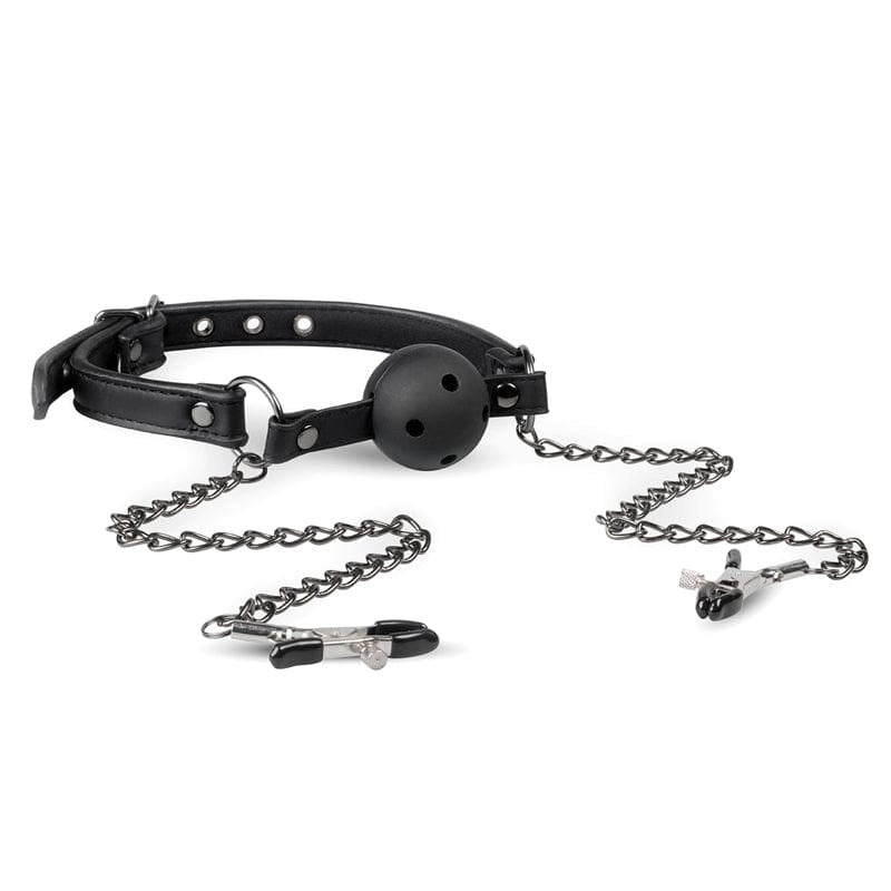 Fetish Collection Open Ball Gag With Nipple Clamps Breathable Design - - Nipple and Clit Clamps