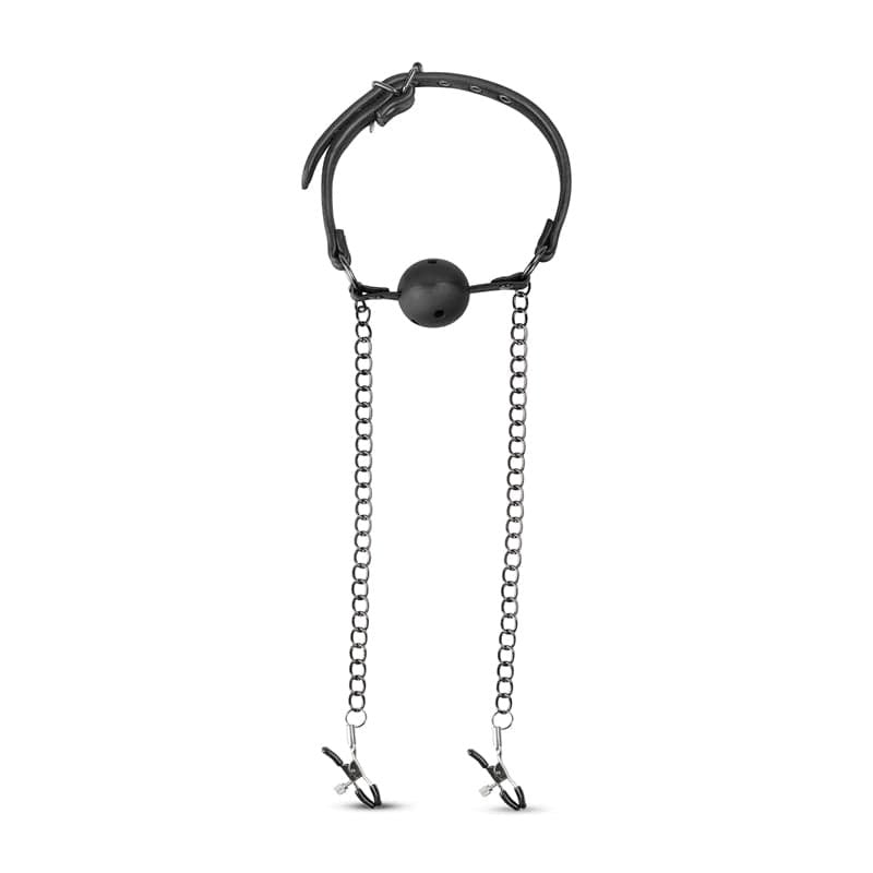 Fetish Collection Open Ball Gag With Nipple Clamps Breathable Design - - Nipple and Clit Clamps