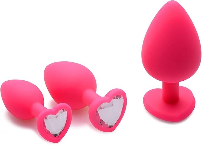 XR Brands Frisky Pink Hearts Silicone Anal Plugs with Gem Accents 3 Piece - - Butt Plugs