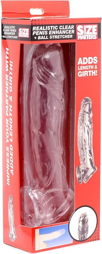 XR Brands Size Matters Realistic Clear Penis Enhancer and Ball Stretcher Dual Enhancement - - Penis Sleeves and Extenders