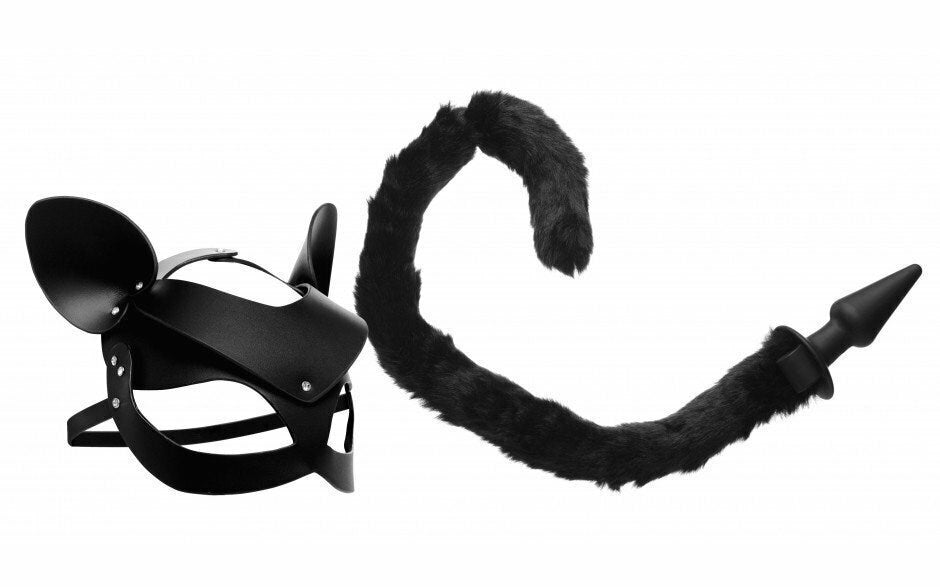 XR Brands Tailz Cat Tail Anal Plug and Mask Set with Synthetic Fur Tail - - Butt Plugs
