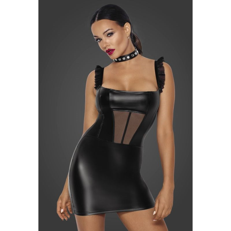 Noir Handmade Power Wetlook Short Dress With Front Tulle Inserts Black Seductive - - Her Fetish