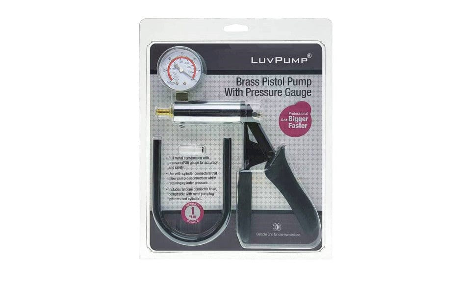 Shots Toys LuvPump Brass Pistol Penis Pump with Gauge & Hose Premium Brass - - Penis Pumps And Stretchers
